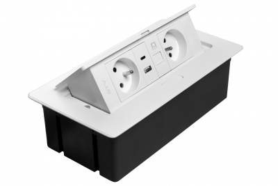 MULTISOFT Möbelsteckdose 2x Steckdose mit Erdung, USB A+C, RJ45, Stromkabel mit Stecker, Weiß