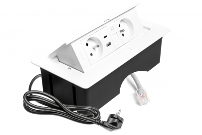 MULTISOFT Möbelsteckdose 2x Steckdose mit Erdung, USB A+C, RJ45, Stromkabel mit Stecker, Weiß