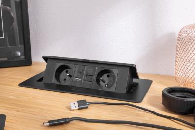 MULTISOFT Möbeleinbausteckdose 2x Steckdose mit Erdung, USB A+C, RJ45, Stromkabel mit Stecker, Schwarz