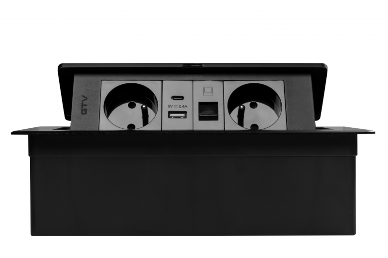 MULTISOFT Möbeleinbausteckdose 2x Steckdose mit Erdung, USB A+C, RJ45, Stromkabel mit Stecker, Schwarz