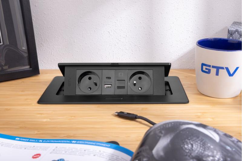 MULTISOFT Möbeleinbausteckdose 2x Steckdose mit Erdung, USB A+C, RJ45, Stromkabel mit Stecker, Schwarz