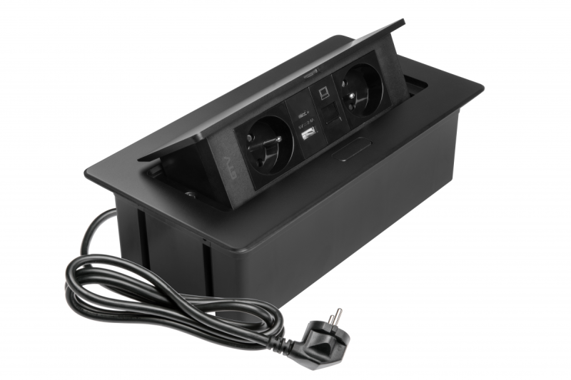 MULTISOFT Möbeleinbausteckdose 2x Steckdose mit Erdung, USB A+C, RJ45, Stromkabel mit Stecker, Schwarz