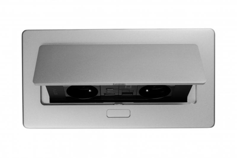 MULTISOFT Möbeleinsatz 2x Steckdose mit Erdung, USB A+C, RJ45, Stromkabel mit Stecker, Aluminium