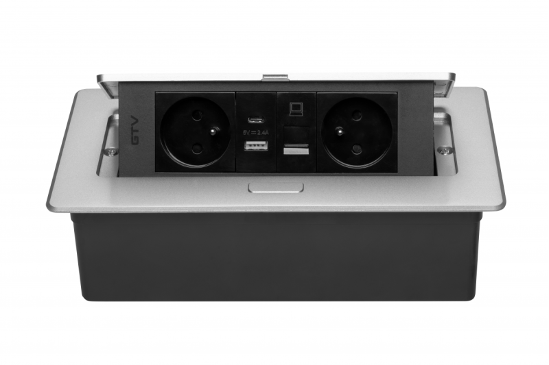 MULTISOFT Möbeleinsatz 2x Steckdose mit Erdung, USB A+C, RJ45, Stromkabel mit Stecker, Aluminium