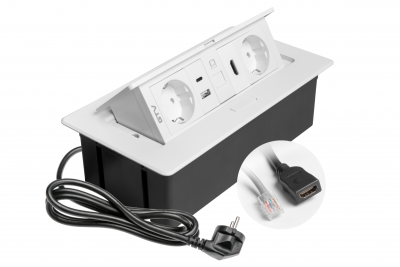Möbelsteckdose MULTISOFT, 2xSCHUKO, USB A+C, RJ45, HDMI, Kabel 1,5 m, weiß