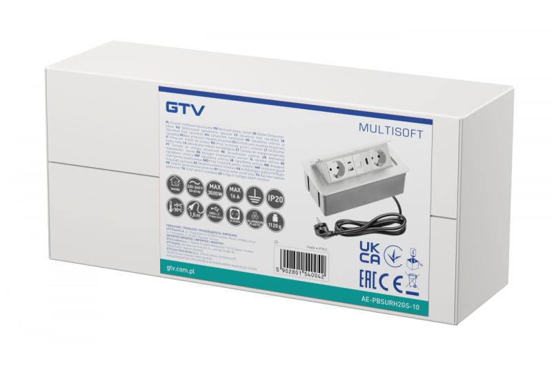 Möbelsteckdose MULTISOFT, 2xSCHUKO, USB A+C, RJ45, HDMI, Kabel 1,5 m, weiß