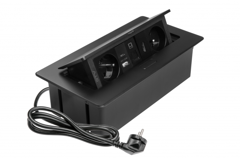 Möbelsteckdose MULTISOFT, 2xSCHUKO, USB A+C, RJ45, HDMI-Kabel 1,5 m, schwarz