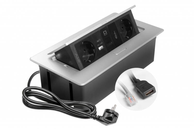 Möbelsteckdose MULTISOFT, 2xSCHUKO, USB A+C, RJ45, HDMI-Kabel 1,5 m, Aluminium