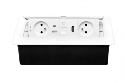 MULTISOFT Möbeleinbausteckdose 2x Steckdose mit Erdung, USB A+C, RJ45, HDMI, Stromkabel mit Stecker, Weiß