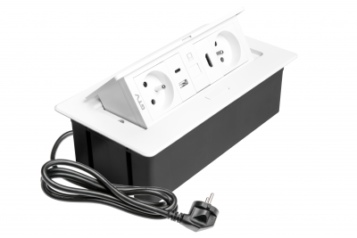 MULTISOFT Möbeleinbausteckdose 2x Steckdose mit Erdung, USB A+C, RJ45, HDMI, Stromkabel mit Stecker, Weiß