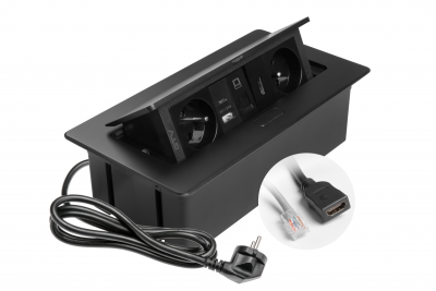 MULTISOFT Möbelsteckdose 2x Steckdose mit Erdung, USB A+C, RJ45, HDMI, Stromkabel mit Stecker, Schwarz