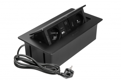 MULTISOFT Möbelsteckdose 2x Steckdose mit Erdung, USB A+C, RJ45, HDMI, Stromkabel mit Stecker, Schwarz