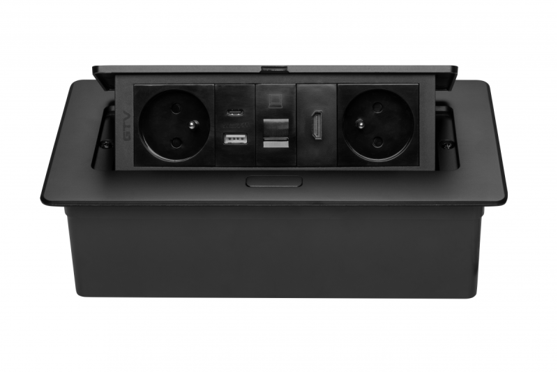 MULTISOFT Möbelsteckdose 2x Steckdose mit Erdung, USB A+C, RJ45, HDMI, Stromkabel mit Stecker, Schwarz