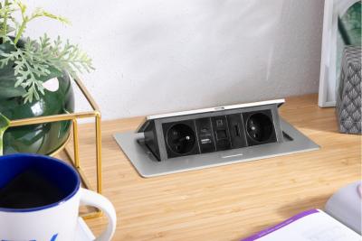 MULTISOFT Möbelsteckdose 2x Steckdose mit Erdung, USB A+C, RJ45, HDMI, Stromkabel mit Stecker, Aluminium