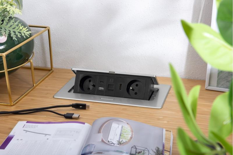 MULTISOFT Möbelsteckdose 2x Steckdose mit Erdung, USB A+C, RJ45, HDMI, Stromkabel mit Stecker, Aluminium