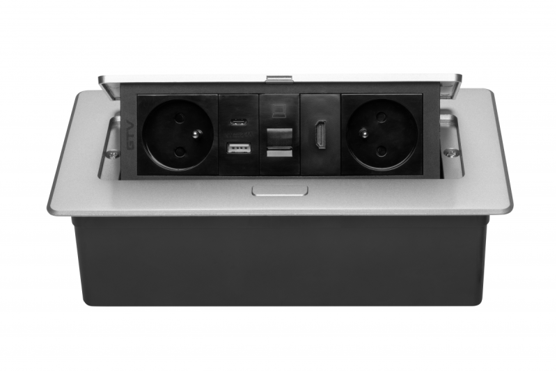 MULTISOFT Möbelsteckdose 2x Steckdose mit Erdung, USB A+C, RJ45, HDMI, Stromkabel mit Stecker, Aluminium