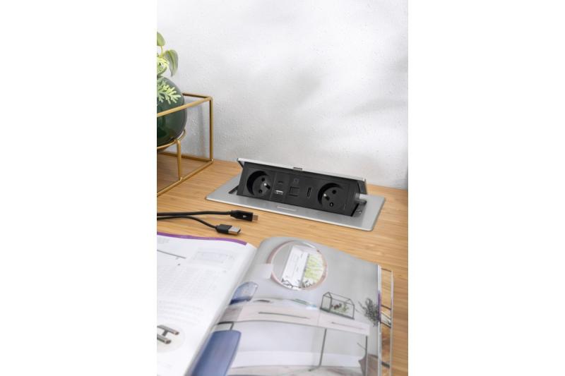 MULTISOFT Möbelsteckdose 2x Steckdose mit Erdung, USB A+C, RJ45, HDMI, Stromkabel mit Stecker, Aluminium