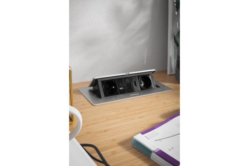 MULTISOFT Möbelsteckdose 2x Steckdose mit Erdung, USB A+C, RJ45, HDMI, Stromkabel mit Stecker, Aluminium