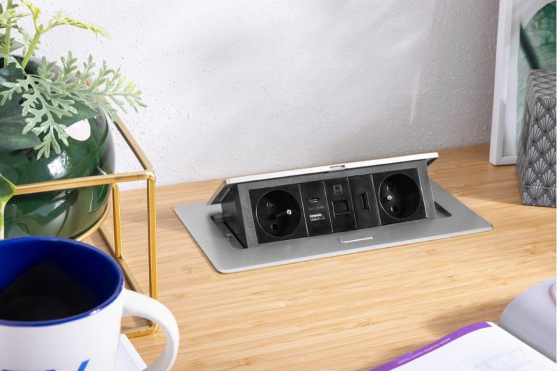 MULTISOFT Möbelsteckdose 2x Steckdose mit Erdung, USB A+C, RJ45, HDMI, Stromkabel mit Stecker, Aluminium