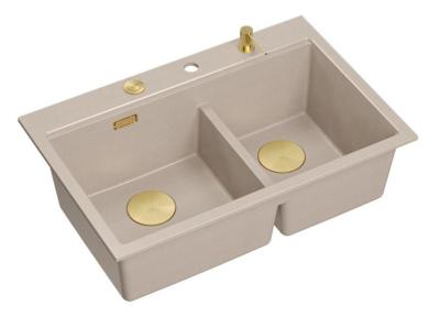 Quadri Hard Rock Doppelbeige Granit Aufbau Spülbecken 76x50 cm mit goldenem Stopfen und Zubehör 1208971663
