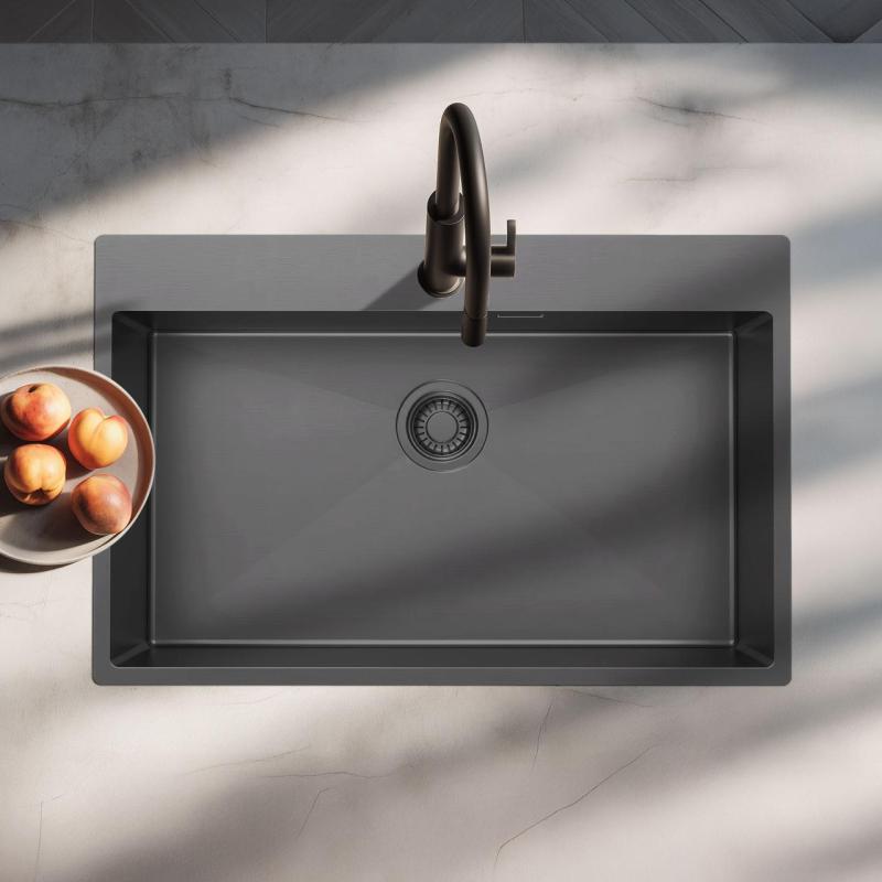 Pure.Sink Luxion Große Spüle aus Gun Metal 78 x 50 cm Tapwing mit Hahnlochbank PLX7850T-61