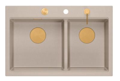 Quadri Hard Rock Doppelbeige Granit Aufbauwaschbecken 76x50 cm mit Kupferstopfen und Zubehör 1208971726