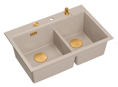 Quadri Hard Rock Doppelbeige Granit Aufbauwaschbecken 76x50 cm mit Kupferstopfen und Zubehör 1208971726