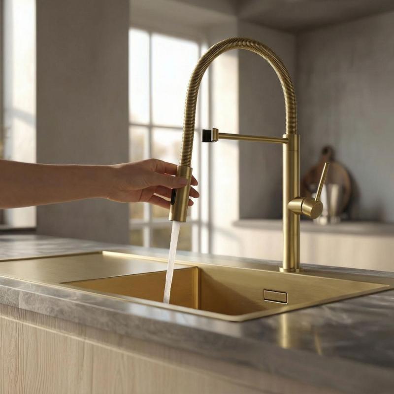 Pure.Sink Luxion Goldener Küchenwasserhahn Profi mit flexiblem Auslauf und 2 Strahlarten PLXFLEX-60