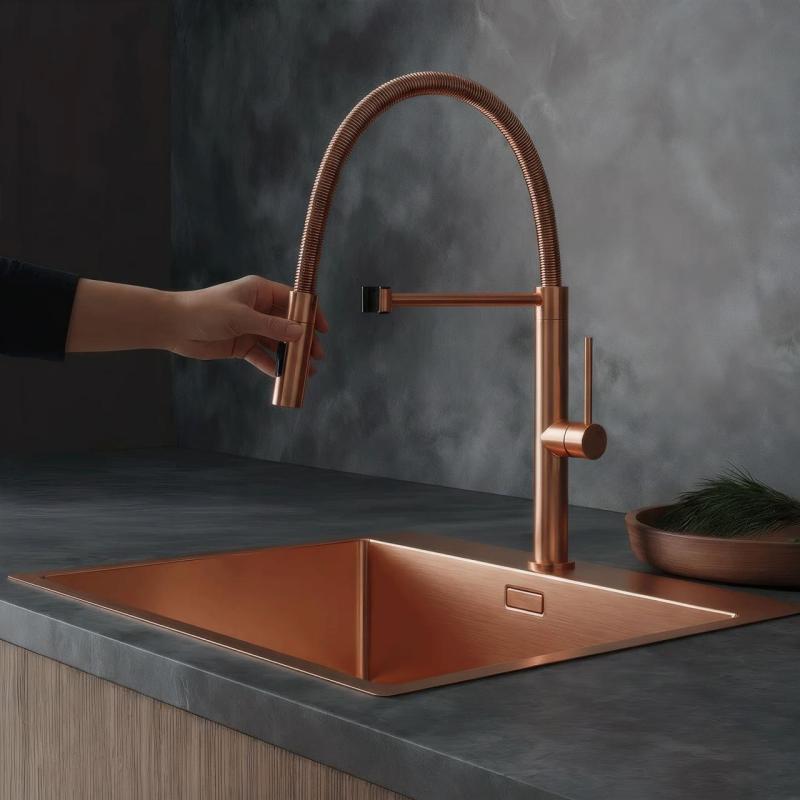 Pure.Sink Luxion Professioneller Küchenwasserhahn aus Kupfer mit flexiblem Auslauf und 2 Strahlarten PLXFLEX-62