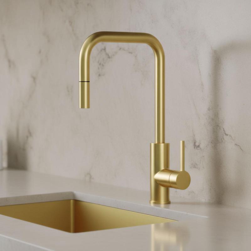 Pure.Sink Luxion Goldener Küchenwasserhahn, quadratisch, mit ausziehbarem Auslauf PLXSQUA-60