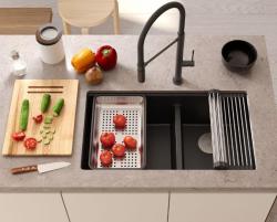 Quadri Newport II Doppel Beige Granit Aufbau Spüle 76x45 cm mit Edelstahl Stopfen 1208971754