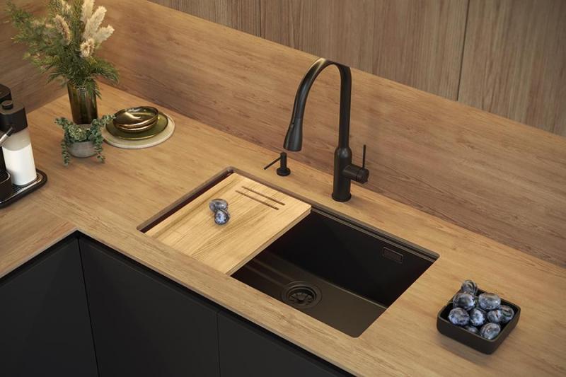 Quadri Newport II große und tiefe Spülbecken Granit Aufbau und Unterbau beige Spülbecken 76x45cm mit goldenem Stopfen 1208971759