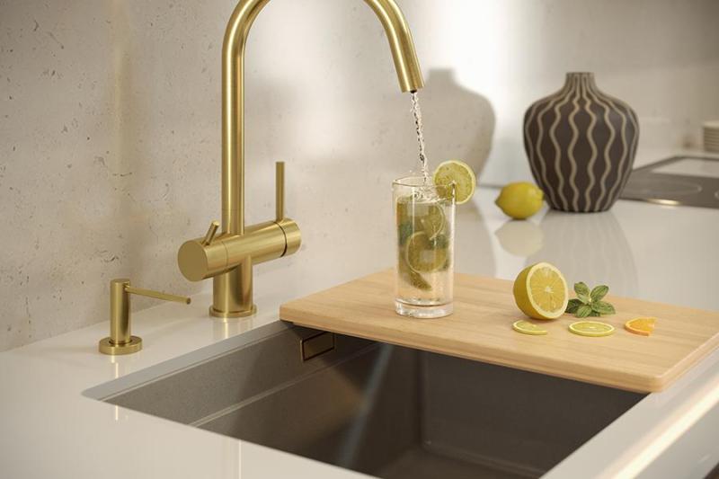 Quadri Newport II Granit Unterbau beige Spüle 560x450mm mit goldenem Stopfen und Abflusskappe 1208971765