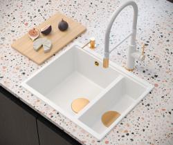 Quadri Newport II beige 1,5 Spülbecken Granit Aufbau und Unterbau Spülbecken 555x460mm mit Kupferstecker 1208971767