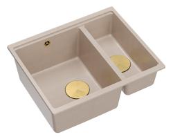 Quadri Newport II beige 1,5 Spülbecken Granit Aufbau und Unterbau Spülbecken 555x460mm mit goldenem Stecker 1208971768