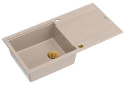 Quadri Luton beige Granitaufbauwaschbecken mit Abtropffläche umkehrbar 100x50cm mit goldenem Stopfen 1208971771