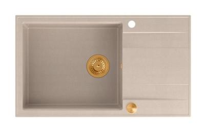Quadri Luton Perlenbeige Granitgroßer Aufbauspülbecken mit Abtropffläche umkehrbar 86x50cm mit Kupferstopfen 1208971773