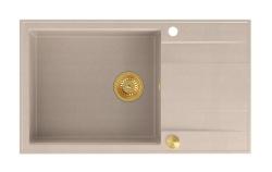 Quadri Luton beige Granit große Aufbau-Spüle mit Abtropffläche umkehrbar 86x50cm mit goldenem Stecker 1208971774