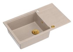 Quadri Luton beige Granit große Aufbau-Spüle mit Abtropffläche umkehrbar 86x50cm mit goldenem Stecker 1208971774