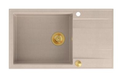 Quadri Luton Perlenbeige Granit große Aufbauspüle mit Abtropffläche reversibel 86x50cm mit goldenem Stecker 1208971774