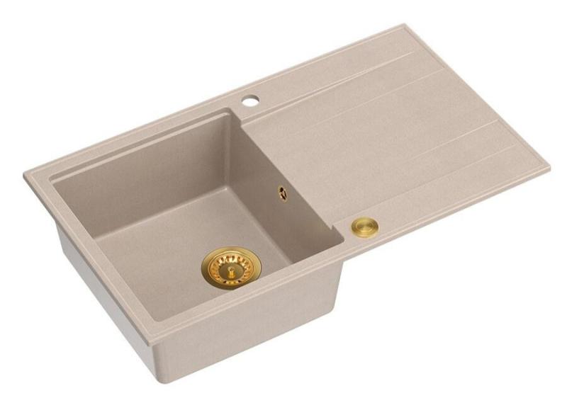 Quadri Luton Perlenbeige Granitaufbauwaschbecken mit Abtropffläche umkehrbar 86x50cm mit goldenem Stecker 1208971778
