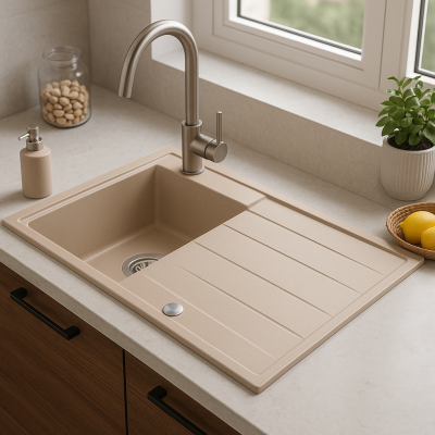 Quadri Luton Perlenbeige Granitaufbau-Spülbecken mit Abtropffläche, umkehrbar 86x50cm mit Edelstahl-Stecker 1208971779