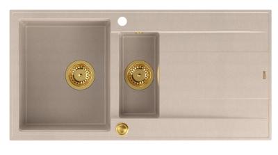 Quadri Luton Perlbeige Granit-Aufbau 1,5 Spülbecken mit Abtropffläche umkehrbar 100x50cm mit goldenem Plug 1208971793