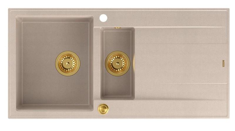 Quadri Luton Perlbeige Granit-Aufbau 1,5 Spülbecken mit Abtropffläche umkehrbar 100x50cm mit goldenem Plug 1208971793