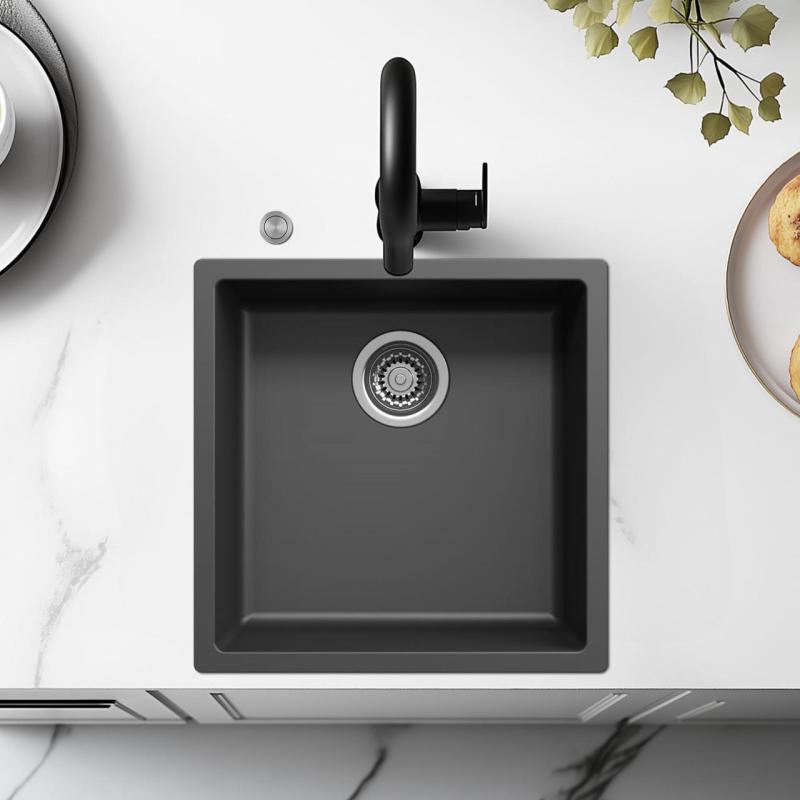 Ausmann Faser schwarzes Spülbecken 40x40cm Unterbau, Aufbau und flächenbündiger Einbau mit automatischem Edelstahlstöpsel 1208971836