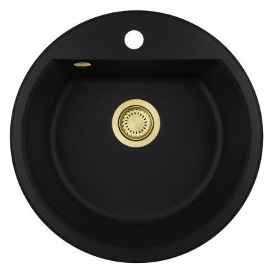 GraniteMy Bremen runder Granitwaschbecken 43 cm schwarz, Aufbau und Unterbau, mit Armaturenlochbank und automatischem goldenem Stecker 1208971843