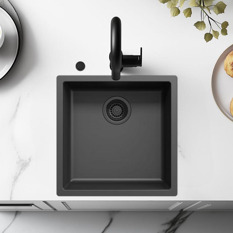 Ausmann Faser schwarzes Spülbecken 40x40cm Unterbau, Aufbau und flacher Einbau mit automatischem schwarzem Stecker 1208971851