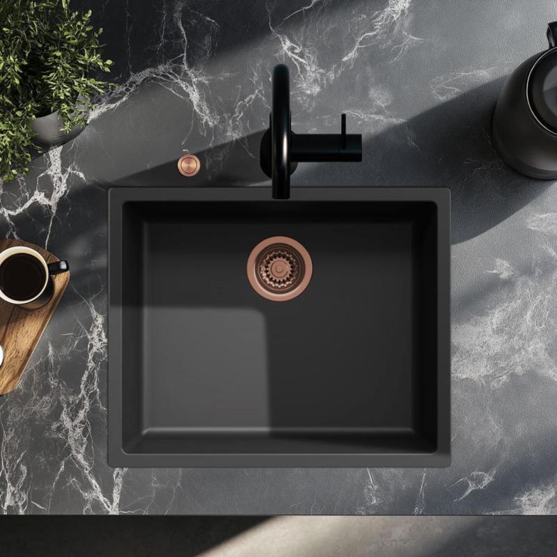Ausmann Fibre schwarzes Spülbecken 50x40cm Unterbau, Aufbau und Flachbau mit automatischem Kupferstöpsel 1208971858