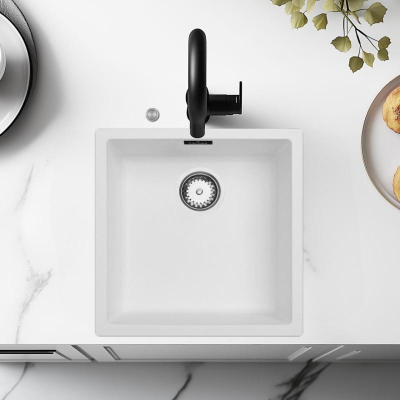Ausmann Fibre weißes Spülbecken 40x40cm Unterbau, Aufbau und flächenbündiger Einbau mit automatischem Edelstahlstopfen 1208971891