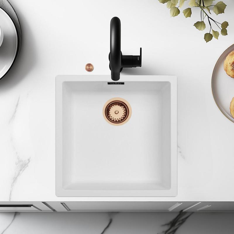 Ausmann Fibre weiße Spüle 40x40cm Unterbau, Aufbau und flächenbündiger Einbau mit automatischem Kupferstöpsel 1208971893